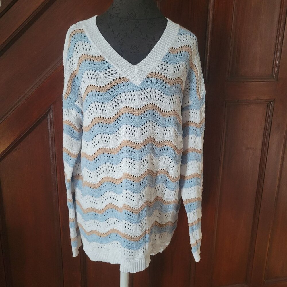 Striped Wave Knit Cotton Sweater V-Neck White/Blue/Tan Womens XL Studio 1886
